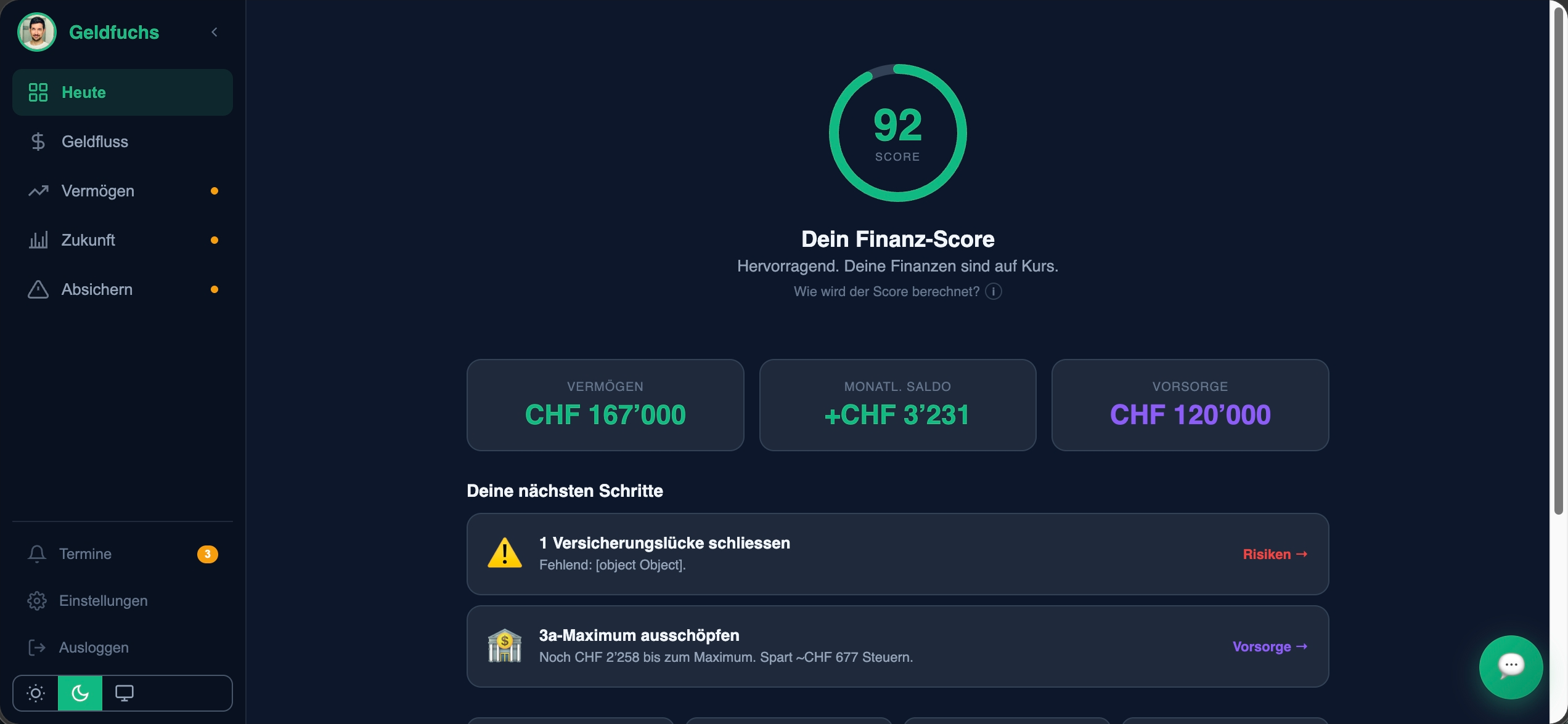 Geldfuchs App Desktop-Ansicht – Finanz-Score 92, Vermögen CHF 167'000, Monatlicher Saldo +CHF 3'231, Vorsorge CHF 120'000