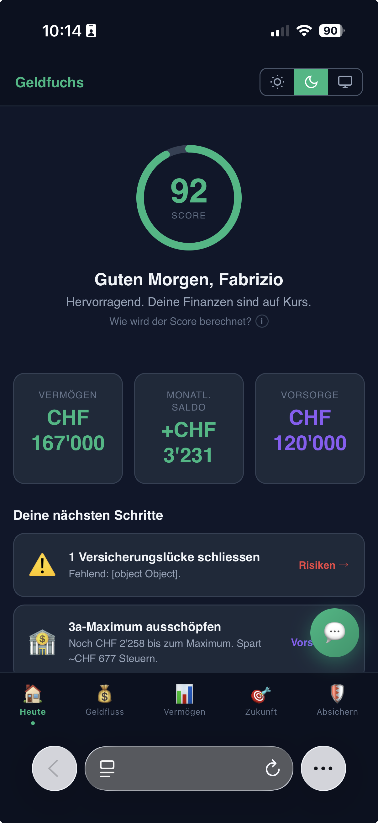 Geldfuchs App Smartphone-Ansicht – Finanz-Score 92 mit Bottom-Navigation für die sechs Bereiche